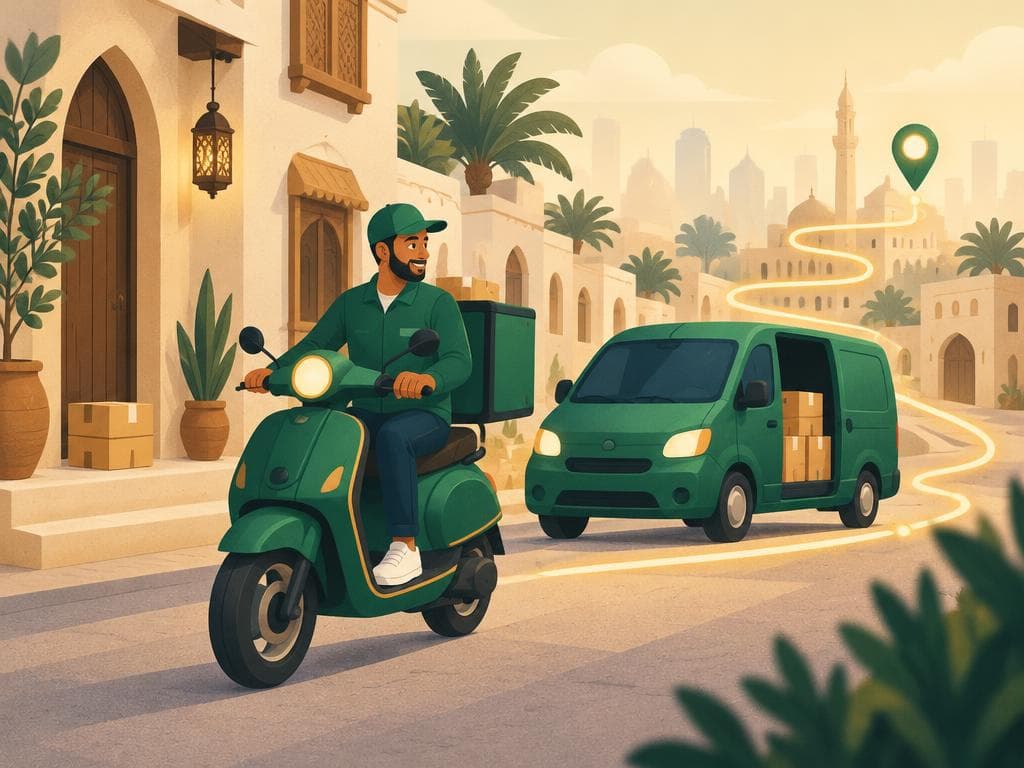 مندوب على دراجة نارية وشاحنة توصيل في شارع المدينة